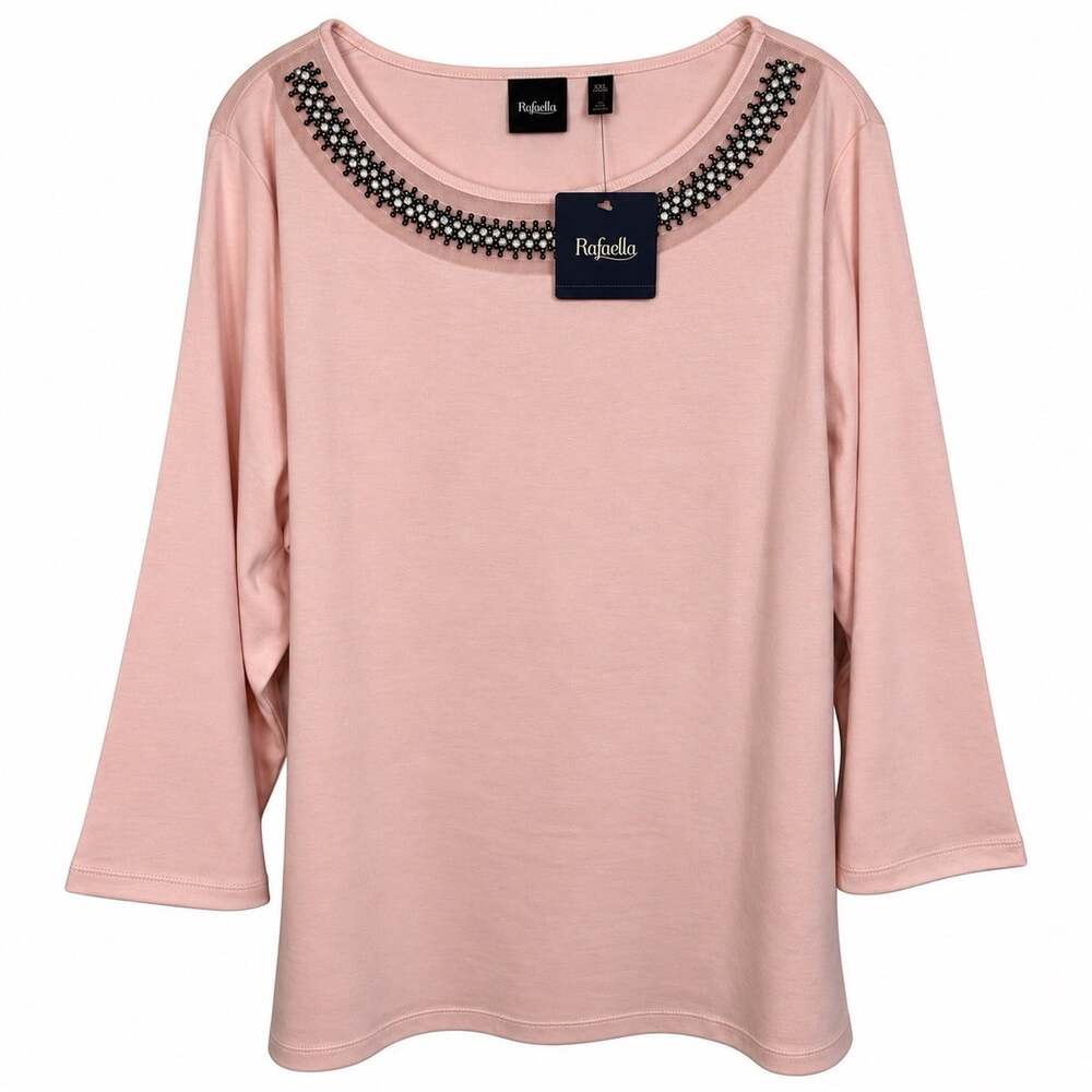 Rafaella Women’s XXL Pink Embellished Beaded Neck 3/4 Sleeve Top NWT Cotton